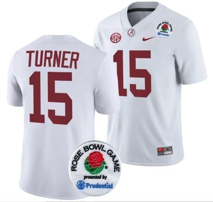 Dallas Turner Jersey #15 Alabama Crimson Tide Rose Bowl Game 2024 Patch College Football Playoff White