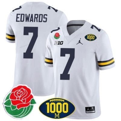 Donovan Edwards Jersey #7 Michigan Wolverines 1000 Wins & Rose Bowl Patch Special White