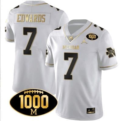 Donovan Edwards Jersey #7 Michigan Wolverines 1000 Wins Patch Football All Stitched White Gold