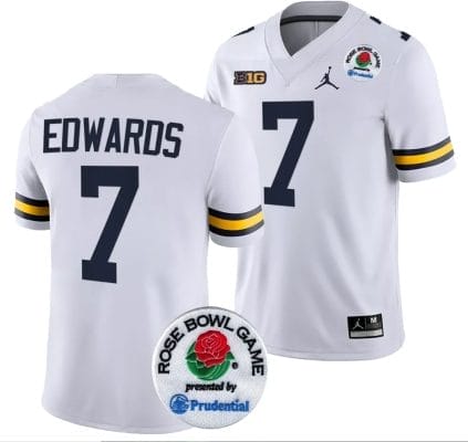 Donovan Edwards Jersey #7 Michigan Wolverines Rose Bowl Game 2024 Patch College Football Playoff White