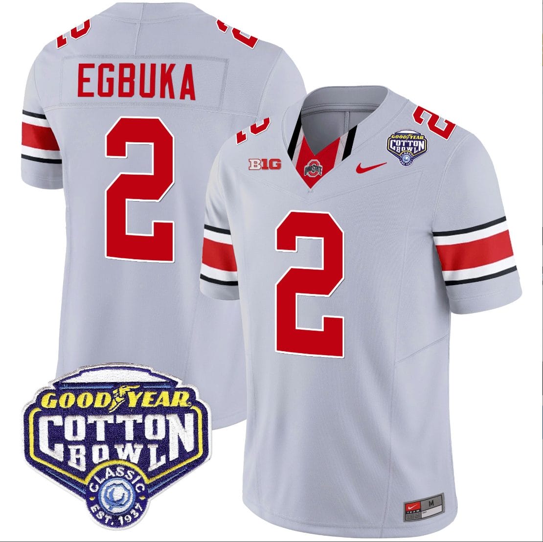 Emeka Egbuka Jersey #2 Ohio State Buckeyes Cotton Bowl Patch Vapor Football Gray 1 Emeka Egbuka Jersey #2 Ohio State Buckeyes Cotton Bowl Patch Vapor Football Gray