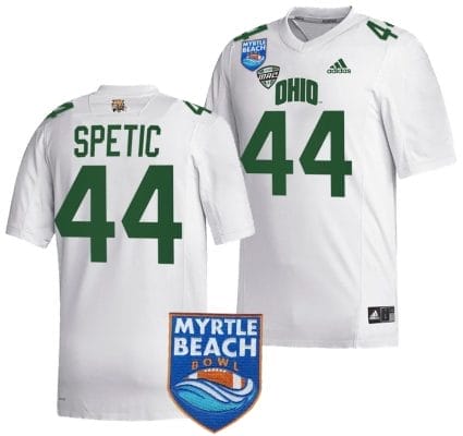 Gianni Spetic Jersey #44 Ohio Bobcats 2023 Myrtle Beach Bowl Patch MVP Football White 8 Gianni Spetic Jersey #44 Ohio Bobcats 2023 Myrtle Beach Bowl Patch MVP Football White