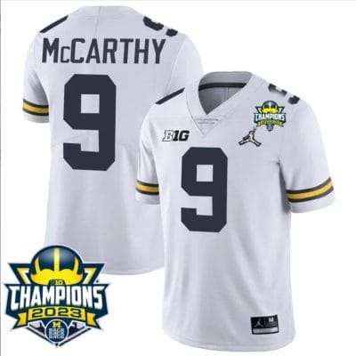 JJ McCarthy Jersey #9 Michigan Wolverines 2023 Big Ten Back to Back Champions Patch Stitched White
