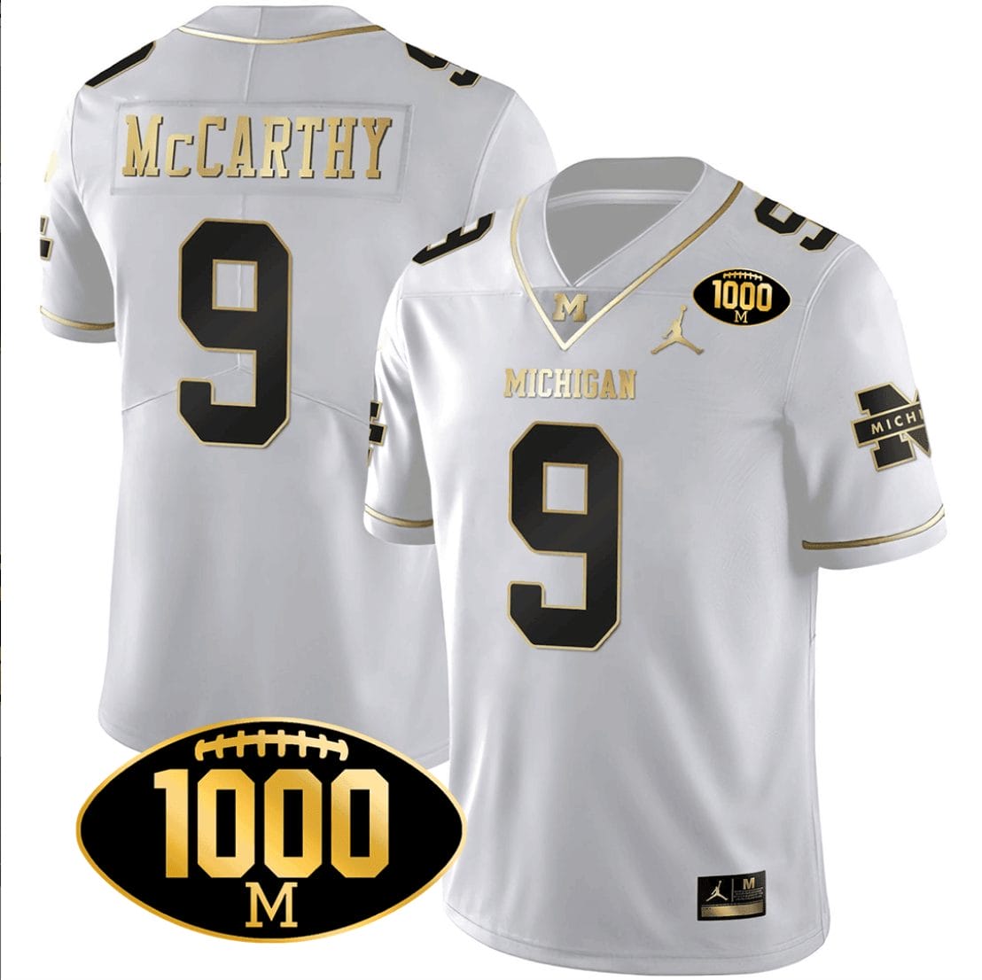 JJ McCarthy Jersey #9 Michigan Wolverines 1000 Wins Patch Football All Stitched White Gold 1 JJ McCarthy Jersey #9 Michigan Wolverines 1000 Wins Patch Football All Stitched White Gold