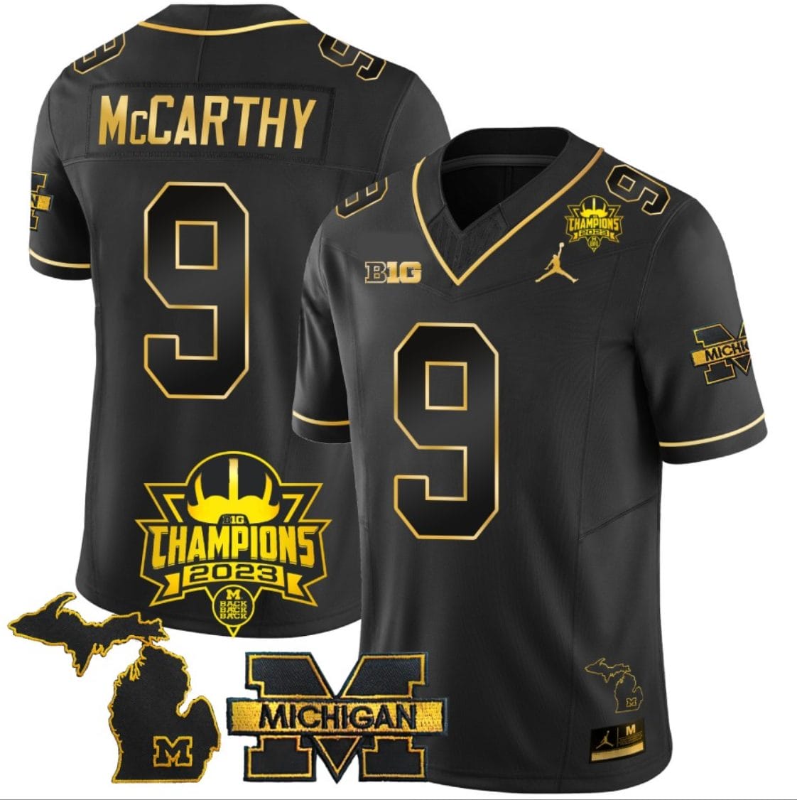 JJ McCarthy Jersey #9 Michigan Wolverines 2023 Big Ten Back to Back Champions Patch Stitched Black Gold 1 JJ McCarthy Jersey #9 Michigan Wolverines 2023 Big Ten Back to Back Champions Patch Stitched Black Gold
