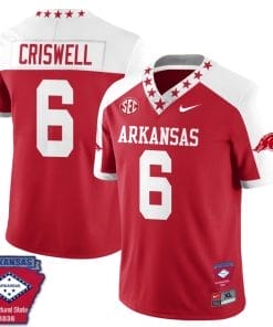 Jacolby Criswell Jersey #6 Arkansas Razorback Football Arkansas State Patch Red Alternate