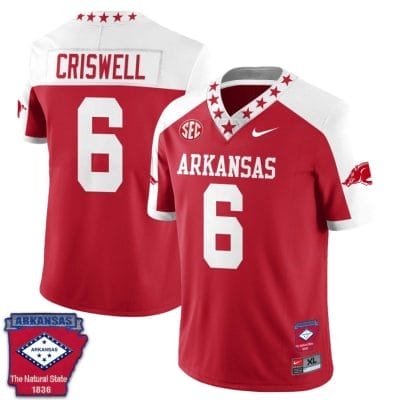 Jacolby Criswell Jersey #6 Arkansas Razorback Football Arkansas State Patch Red Alternate 10 Jacolby Criswell Jersey #6 Arkansas Razorback Football Arkansas State Patch Red Alternate