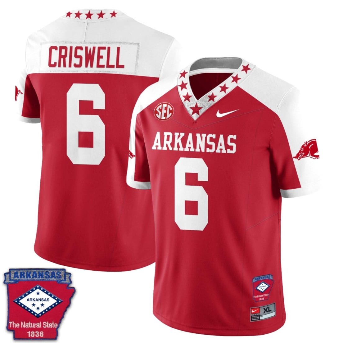 Jacolby Criswell Jersey #6 Arkansas Razorback Football Arkansas State Patch Red Alternate 1 Jacolby Criswell Jersey #6 Arkansas Razorback Football Arkansas State Patch Red Alternate