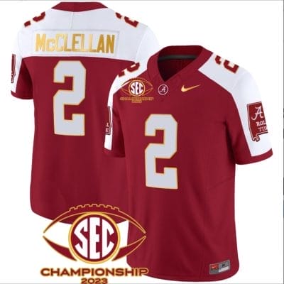 Jase McClellan Jersey #2 Alabama Crimson SEC Championship 2023 Patch Vapor Gold Football Crimson Alternate