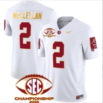 Jase McClellan Jersey #2 Alabama Crimson SEC Championship 2023 Patch Vapor Gold Football White