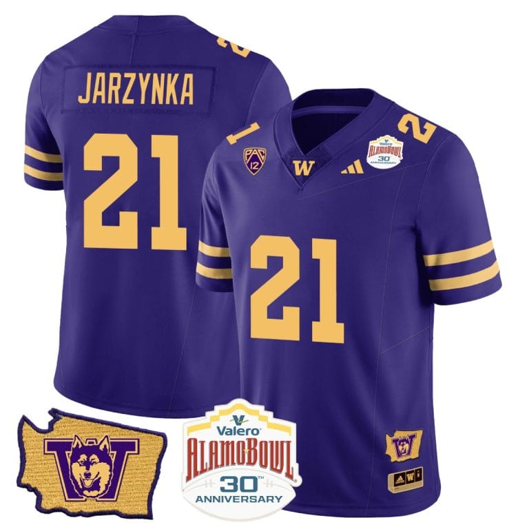 Joe Jarzynka Jersey #21 Washington Huskies Alamo Bowl Patch Football Purple Gold 1 Joe Jarzynka Jersey #21 Washington Huskies Alamo Bowl Patch Football Purple Gold