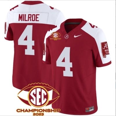 Jalen Milroe Jersey #4 Alabama Crimson SEC Championship 2023 Patch Vapor Limited Football Crimson Alternate