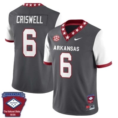 Jacolby Criswell Jersey #6 Arkansas Razorback Football Arkansas Patch White Sleeves