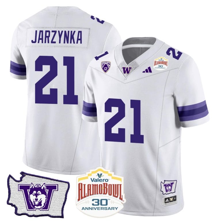 Joe Jarzynka Jersey #21 Washington Huskies Alamo Bowl Patch Football White 1 Joe Jarzynka Jersey #21 Washington Huskies Alamo Bowl Patch Football White