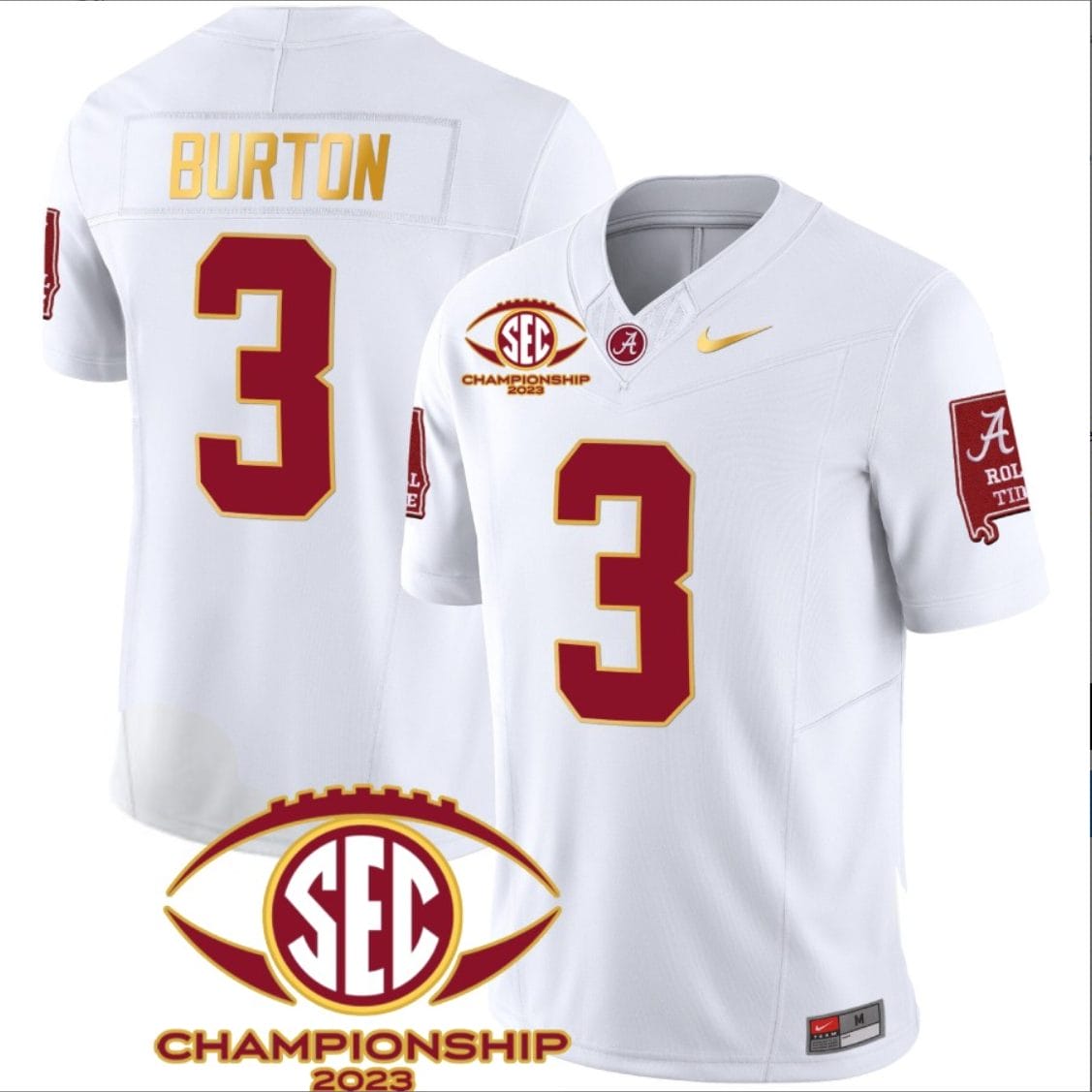 Jermaine Burton Jersey #3 Alabama Crimson SEC Championship 2023 Patch Vapor Gold Football White 1 Jermaine Burton Jersey #3 Alabama Crimson SEC Championship 2023 Patch Vapor Gold Football White