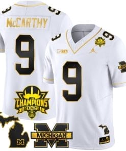 JJ McCarthy Jersey #9 Michigan Wolverines 2023 Big Ten Back to Back Champions Patch Stitched White Gold