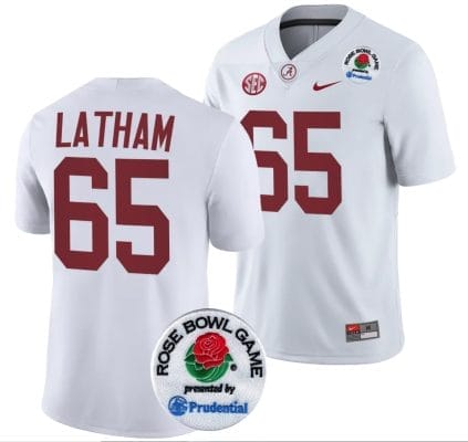 JC Latham Jersey #65 Alabama Crimson Tide Rose Bowl Game 2024 Patch College Football Playoff White