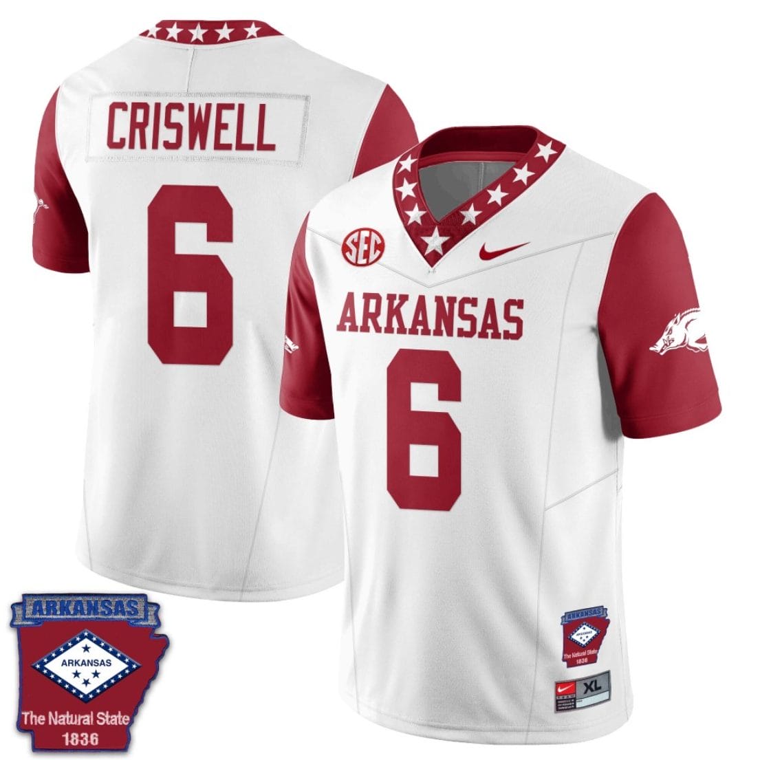 Jacolby Criswell Jersey #6 Arkansas Razorback Football Arkansas State Patch Red Sleeves 1 Jacolby Criswell Jersey #6 Arkansas Razorback Football Arkansas State Patch Red Sleeves