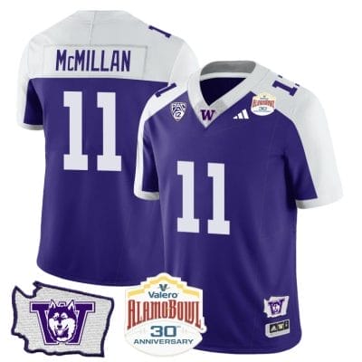 Jalen McMillan Jersey #11 Washington Huskies Alamo Bowl Patch Alternate Football Stitched 8 Jalen McMillan Jersey #11 Washington Huskies Alamo Bowl Patch Alternate Football Stitched