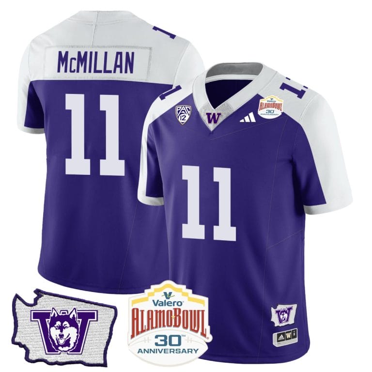 Jalen McMillan Jersey #11 Washington Huskies Alamo Bowl Patch Alternate Football Stitched 1 Jalen McMillan Jersey #11 Washington Huskies Alamo Bowl Patch Alternate Football Stitched