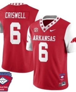Jacolby Criswell Jersey #6 Arkansas Razorback Football Arkansas State Patch White Sleeves
