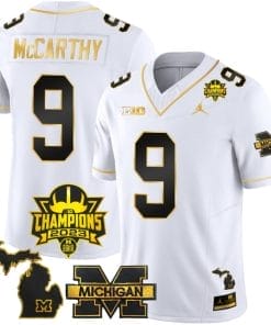 JJ McCarthy Jersey #9 Michigan Wolverines 2023 Big Ten Champions Patch Stitched White Gold
