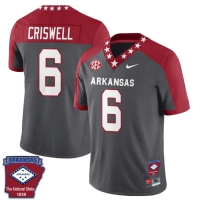 Jacolby Criswell Jersey #6 Arkansas Razorback Football Arkansas Patch Red Alternate