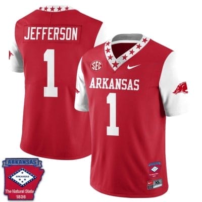 KJ Jefferson Jersey #1 Arkansas Razorback Football Arkansas Patched All Stitched White Sleeves 10 KJ Jefferson Jersey #1 Arkansas Razorback Football Arkansas Patched All Stitched White Sleeves