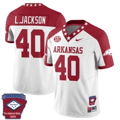 Landon Jackson Jersey #40 Arkansas Razorback Football Arkansas Patched All Stitched White Alternate 10 Landon Jackson Jersey #40 Arkansas Razorback Football Arkansas Patched All Stitched White Alternate