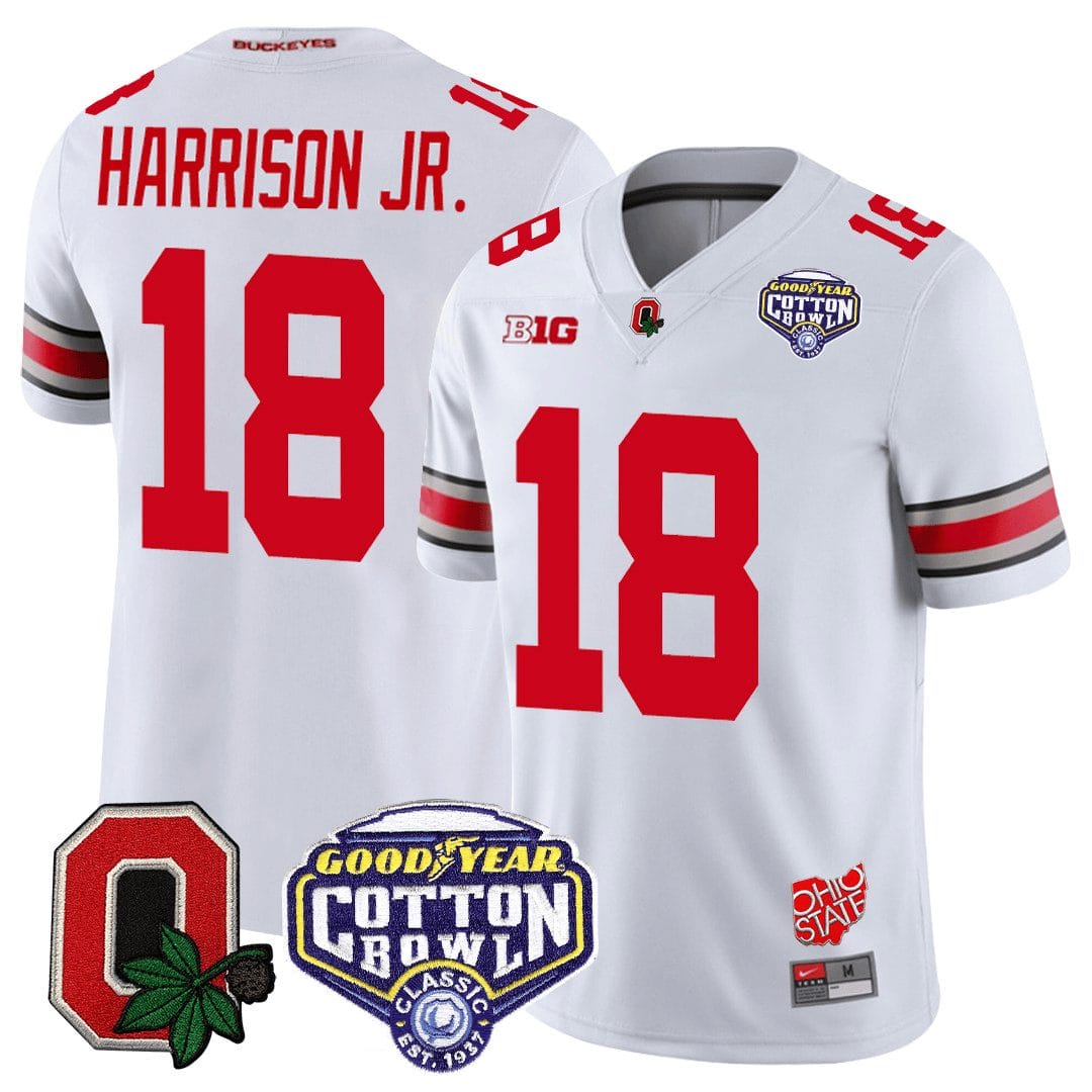 Marvin Harrison Jr Jersey #18 Ohio State Buckeyes Good Year Cotton Bowl Patch Football White 1 Marvin Harrison Jr Jersey #18 Ohio State Buckeyes Good Year Cotton Bowl Patch Football White