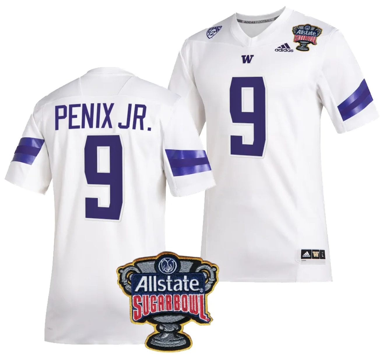 Michael Penix Jr Jersey #9 Washington Huskies Allstate Sugar Bowl Patch 2024 College Football White 1 Michael Penix Jr Jersey #9 Washington Huskies Allstate Sugar Bowl Patch 2024 College Football White