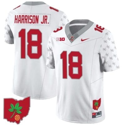 Marvin Harrison Jr Jersey #18 Ohio State Buckeyes Football Stitched Ohio Map Patch White Special Style 2