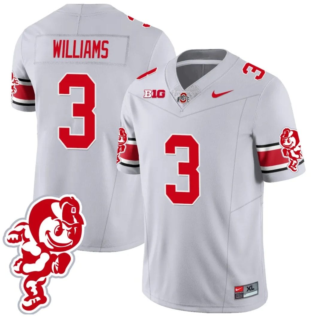 Miyan Williams Jersey #3 Ohio State Buckeyes Football 2023 Stitched Brutus Buckeye Patch Gray 1 Miyan Williams Jersey #3 Ohio State Buckeyes Football 2023 Stitched Brutus Buckeye Patch Gray