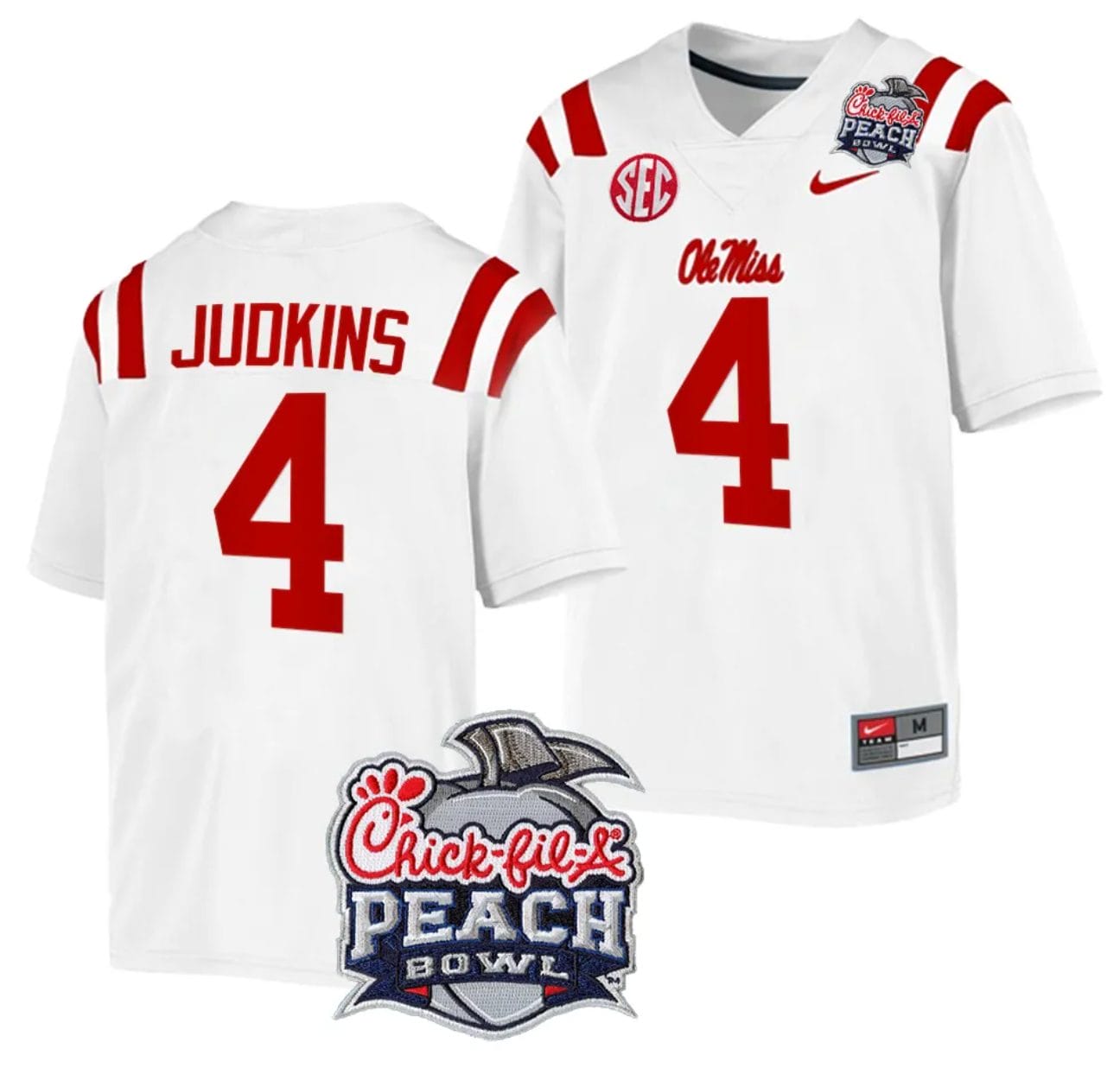 Quinshon Judkins Jersey #4 Ole Miss Rebels Peach Bowl Patch 2024 College Football White 1 Quinshon Judkins Jersey #4 Ole Miss Rebels Peach Bowl Patch 2024 College Football White