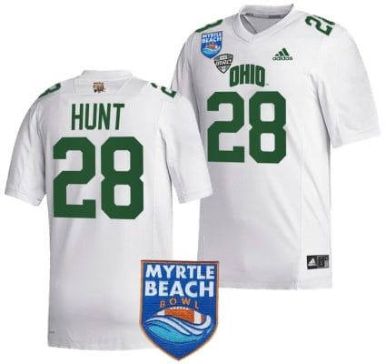 Rickey Hunt Jersey #28 Ohio Bobcats 2023 Myrtle Beach Bowl Patch MVP Football White