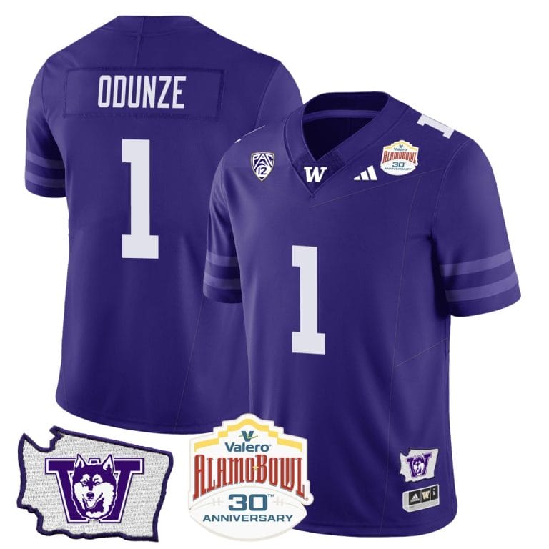 Rome Odunze Jersey #1 Washington Huskies Alamo Bowl Patch Football Purple 1 Rome Odunze Jersey #1 Washington Huskies Alamo Bowl Patch Football Purple