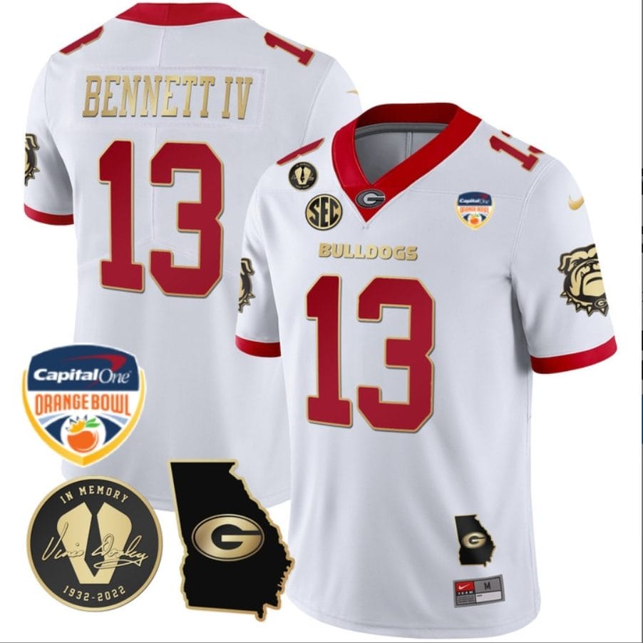 Stetson Bennett Jersey #13 Georgia Bulldogs Vapor Limited Orange Bowl Patch White Gold Trim 1 Stetson Bennett Jersey #13 Georgia Bulldogs Vapor Limited Orange Bowl Patch White Gold Trim