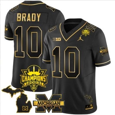 Tom Brady Jersey #10 Michigan Wolverines 2023 Big Ten Champions Patch Stitched Black Gold 8 Tom Brady Jersey #10 Michigan Wolverines 2023 Big Ten Champions Patch Stitched Black Gold