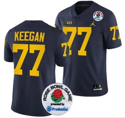 Trevor Keegan Jersey #77 Michigan Wolverines Rose Bowl Game 2024 Patch College Football Playoff Navy