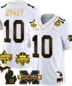 Tom Brady Jersey #9 Michigan Wolverines 2023 Big Ten Back to Back Champions Patch Stitched White Gold