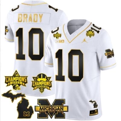 Tom Brady Jersey #9 Michigan Wolverines 2023 Big Ten Back to Back Champions Patch Stitched White Gold 8 Tom Brady Jersey #9 Michigan Wolverines 2023 Big Ten Back to Back Champions Patch Stitched White Gold