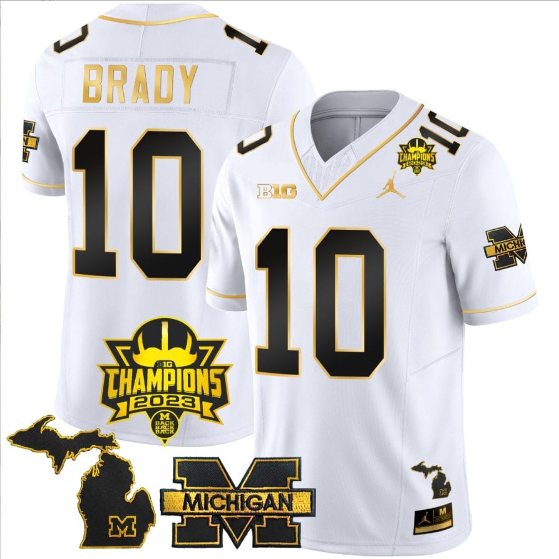 Tom Brady Jersey #10 Michigan Wolverines 2023 Big Ten Champions Patch Stitched White Gold 1 Tom Brady Jersey #10 Michigan Wolverines 2023 Big Ten Champions Patch Stitched White Gold