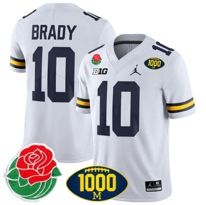 Tom Brady Jersey #10 Michigan Wolverines 1000 Wins & Rose Bowl Patch Special White 8 Tom Brady Jersey #10 Michigan Wolverines 1000 Wins & Rose Bowl Patch Special White