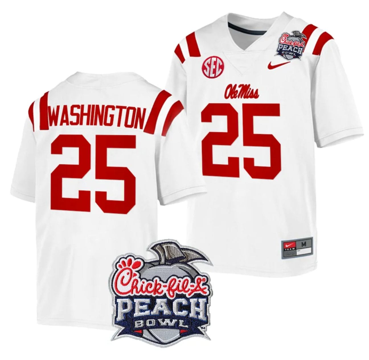 Trey Washington Jersey #25 Ole Miss Rebels Peach Bowl Patch 2024 College Football White 1 Trey Washington Jersey #25 Ole Miss Rebels Peach Bowl Patch 2024 College Football White