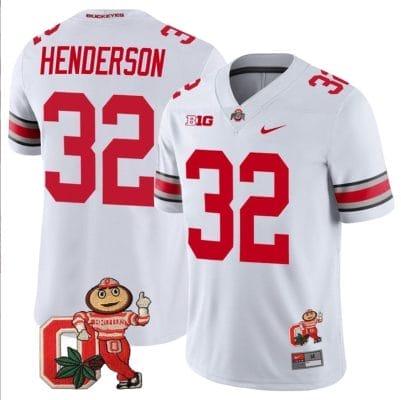 TreVeyon Henderson Jersey #32 Ohio State Buckeyes Mascot Patch College Football White 8 TreVeyon Henderson Jersey #32 Ohio State Buckeyes Mascot Patch College Football White