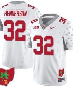 TreVeyon Henderson Jersey #32 Ohio State Buckeyes Football Stitched Ohio Map Patch White Special Style 2