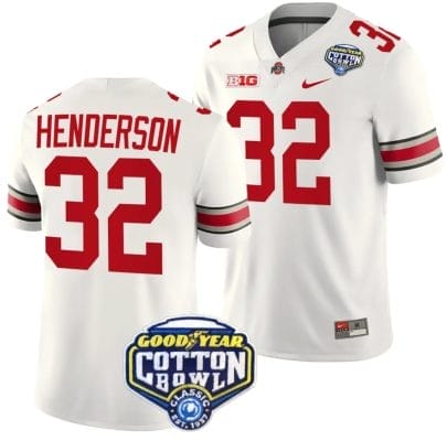 TreVeyon Henderson Jersey #32 Ohio State Buckeyes Cotton Bowl Patch 2023 Football White 8 TreVeyon Henderson Jersey #32 Ohio State Buckeyes Cotton Bowl Patch 2023 Football White