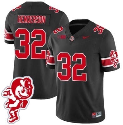 TreVeyon Henderson Jersey #32 Ohio State Buckeyes Football 2023 Stitched Brutus Buckeye Patch Black 8 TreVeyon Henderson Jersey #32 Ohio State Buckeyes Football 2023 Stitched Brutus Buckeye Patch Black