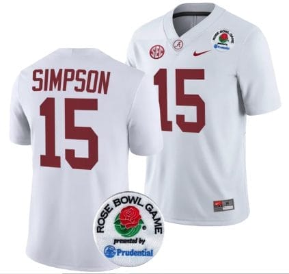 Ty Simpson Jersey #15 Alabama Crimson Tide Rose Bowl Game 2024 Patch College Football Playoff White