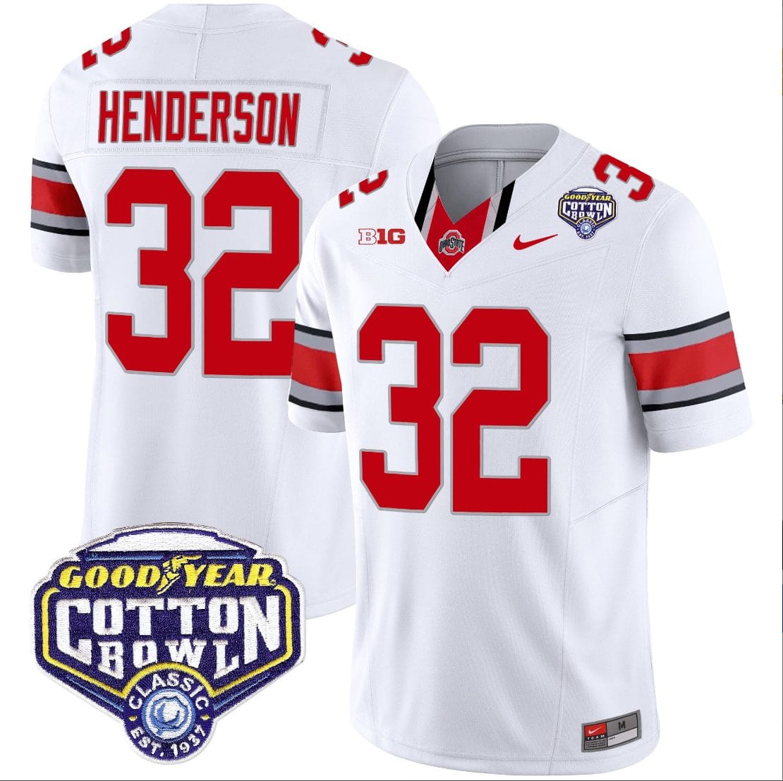 TreVeyon Henderson Jersey #32 Ohio State Buckeyes Cotton Bowl Patch Vapor Football White 1 TreVeyon Henderson Jersey #32 Ohio State Buckeyes Cotton Bowl Patch Vapor Football White